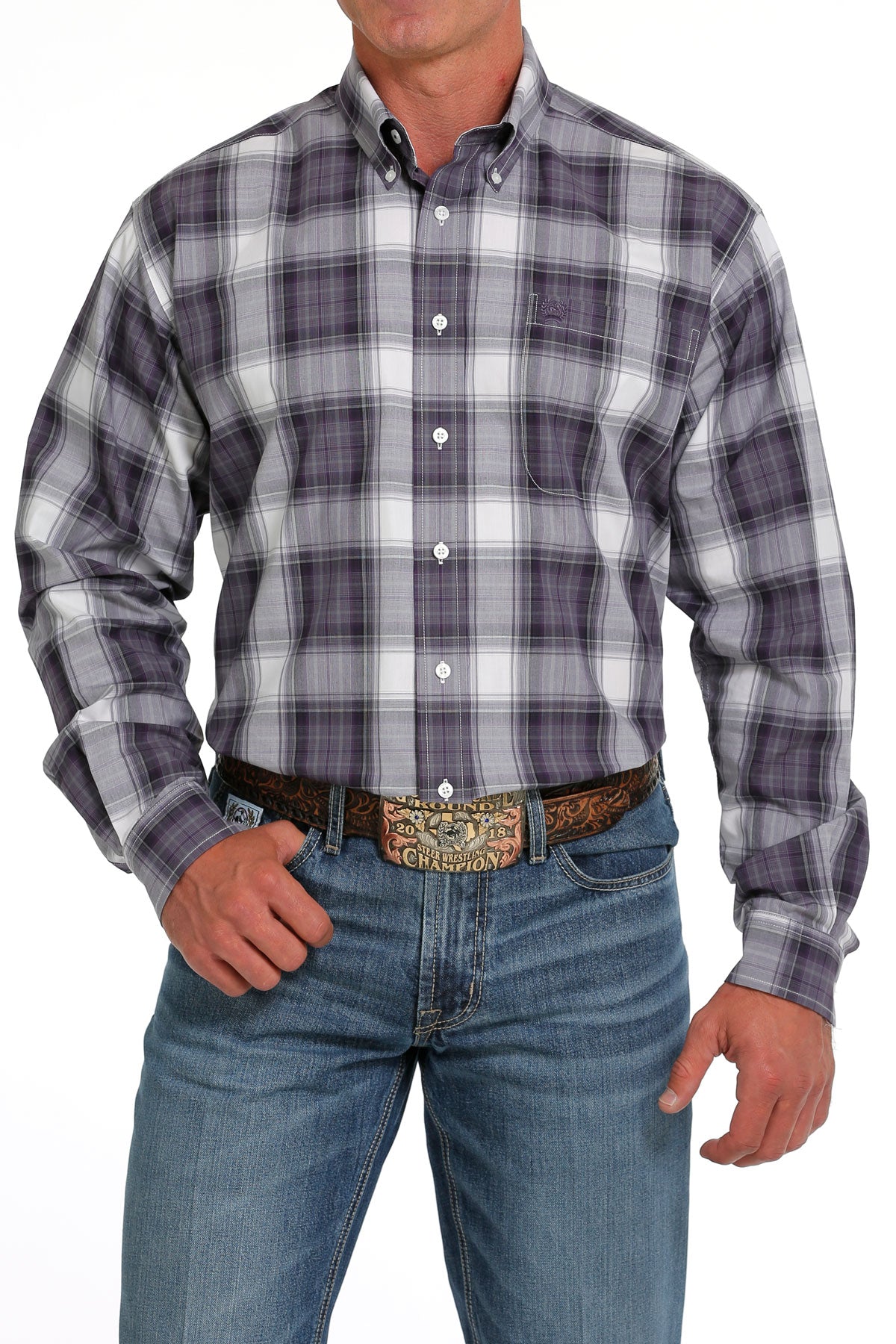Cinch Men's  Plaid Button Down Western Shirt in Purple