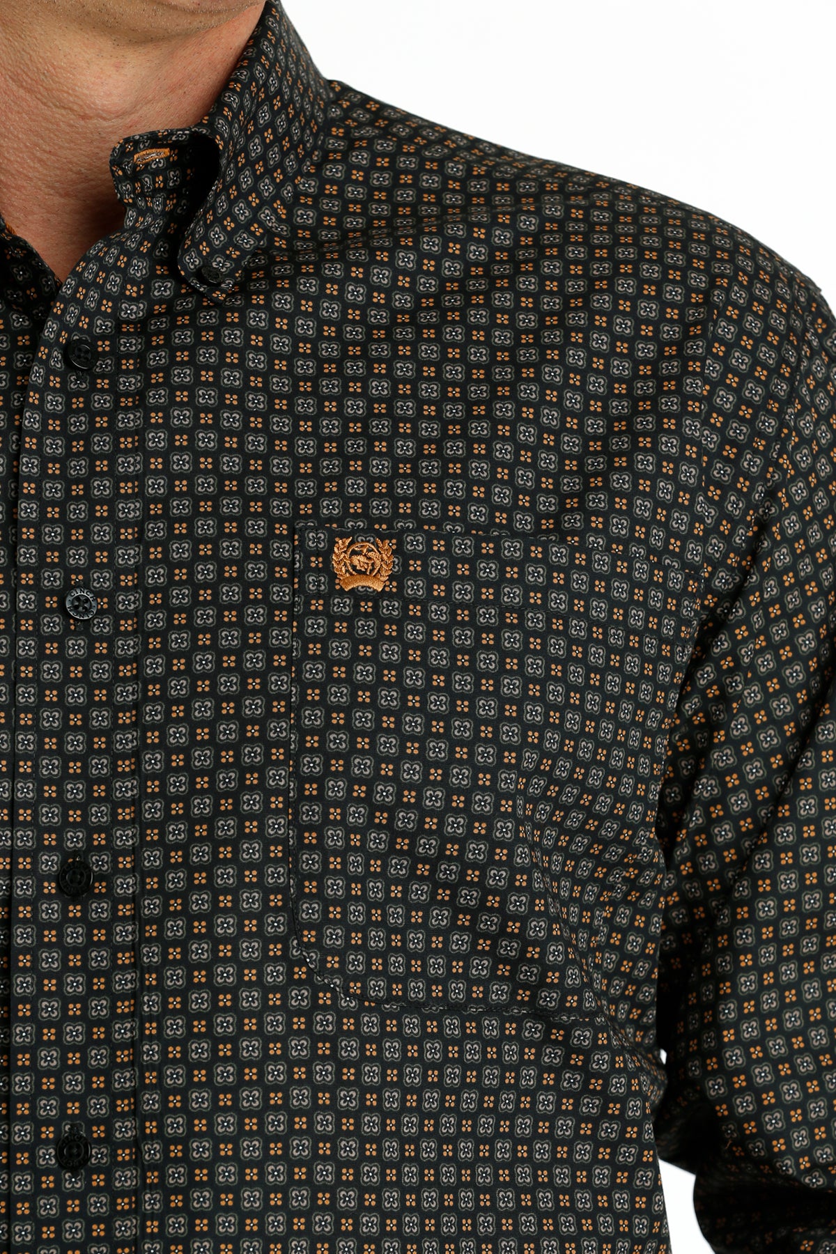 Cinch Men's Floral Geometric Print Brown Long Sleeve Button Down