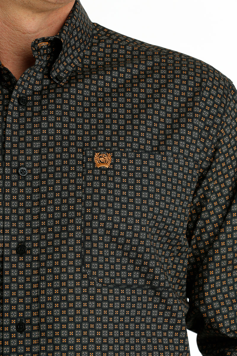 Cinch Men's Classic Fit Black & Gold Floral Geometric Print Western Button Down Shirt