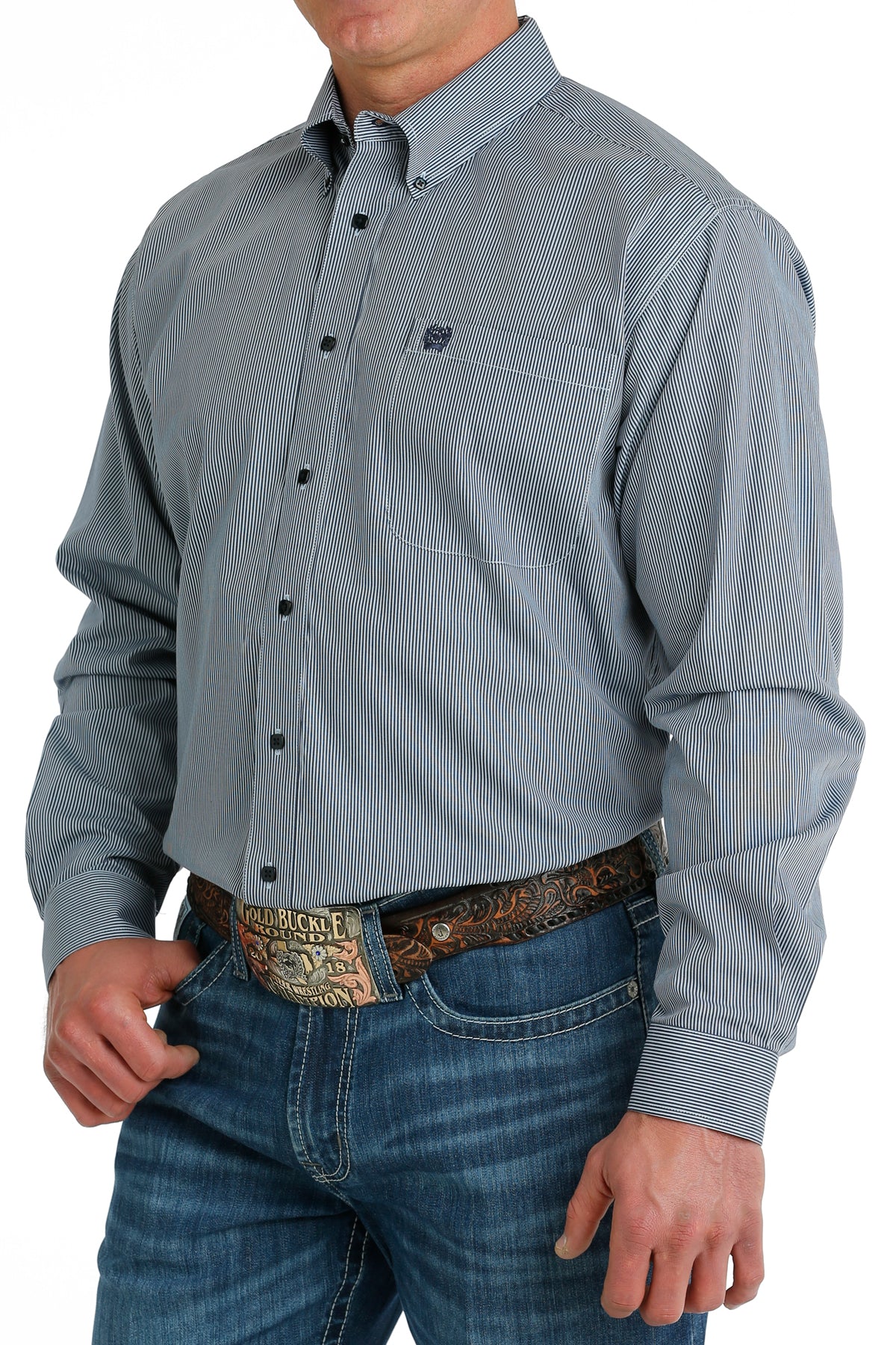 Cinch Men's Long Sleeve Classic Fit Blue Striped Button Down Western Shirt