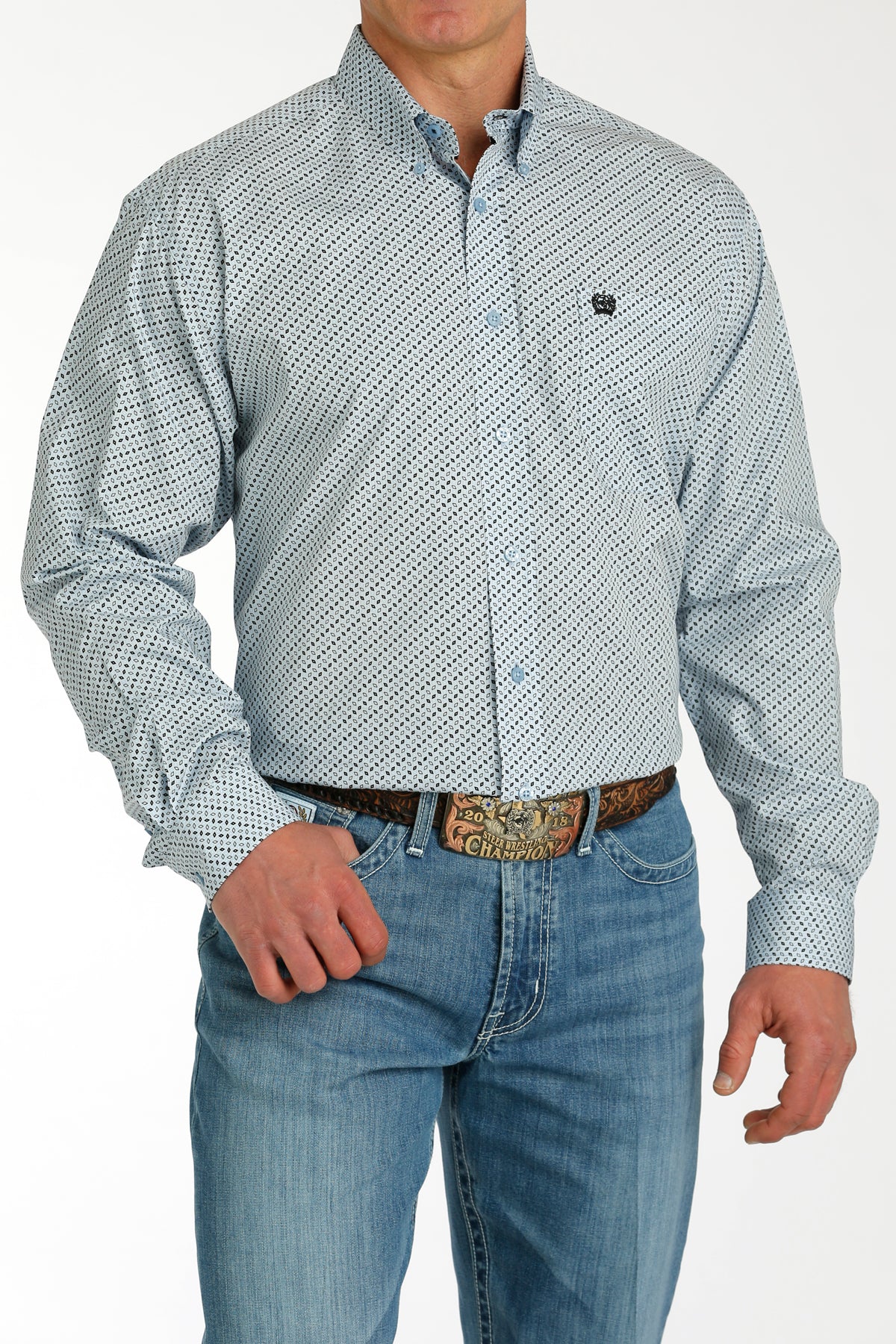 Cinch Men's L/S Classic Fit Geometric Diamond Western Button Down Shirt in Light Blue