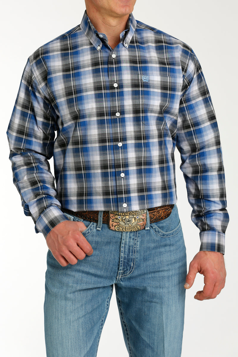 Cinch Men's L/S Classic Fit Plaid Western Button Down Shirt in Blue & Black