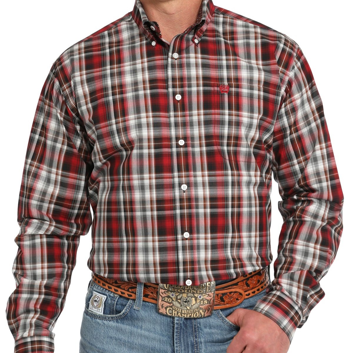 Cinch Men's L/S Classic Fit Plaid Western Button Down Shirt in Red