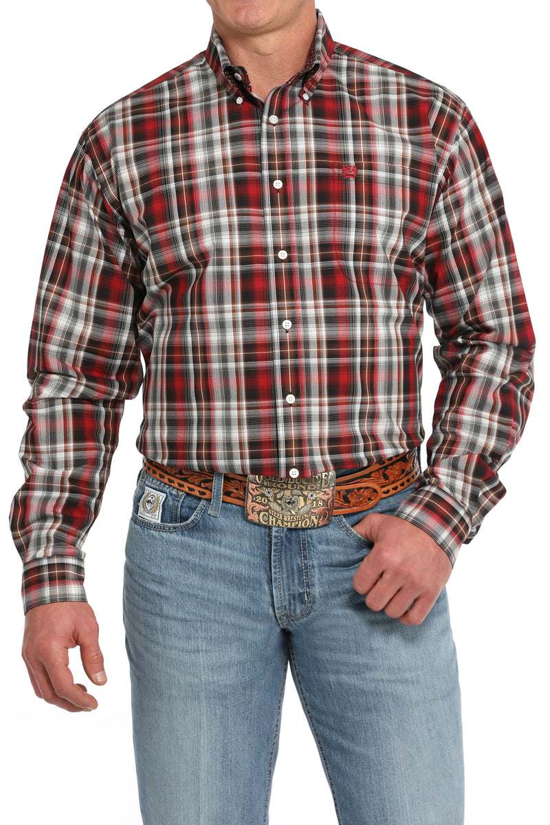 Cinch Men's L/S Classic Fit Plaid Western Button Down Shirt in Red