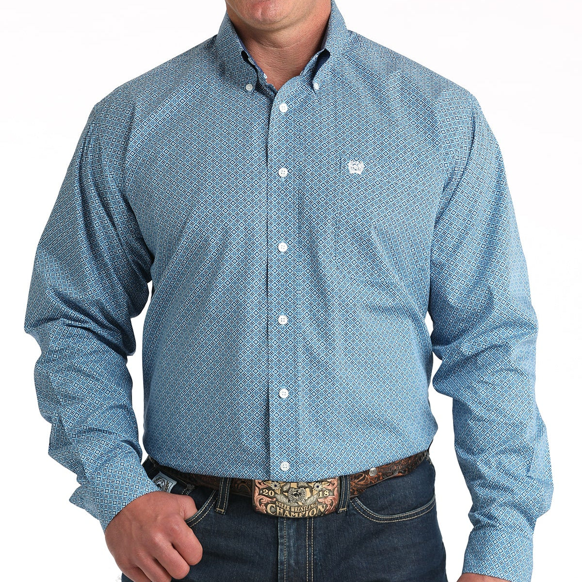 Cinch Men's L/S Classic Fit Medallion Button Down Western Shirt in Blue