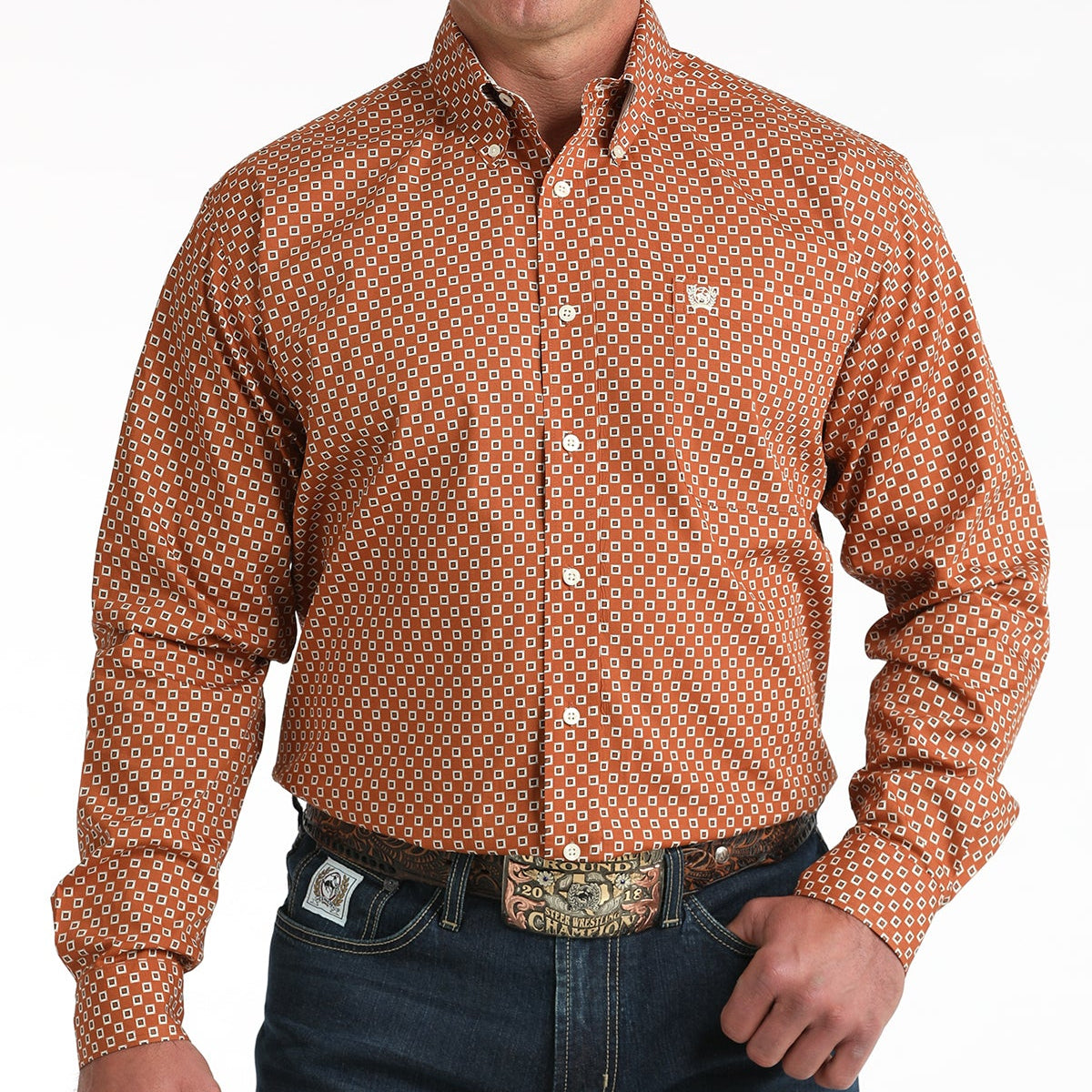 Cinch Men's L/S Classic Fit Geometric Print Button Down Western Shirt in Brown