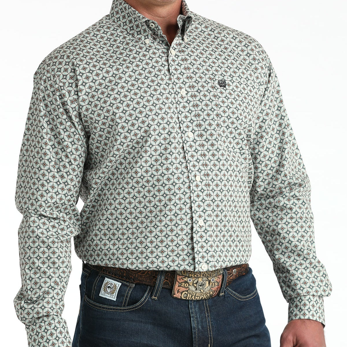 Cinch Men's L/S Classic Fit Medallion Print Button Down Western Shirt in Cream