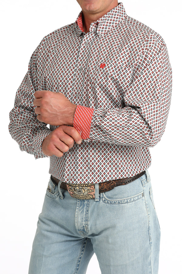 Cinch Men's L/S Classic Fit Button Down Western Shirt in Light Grey Geo Print