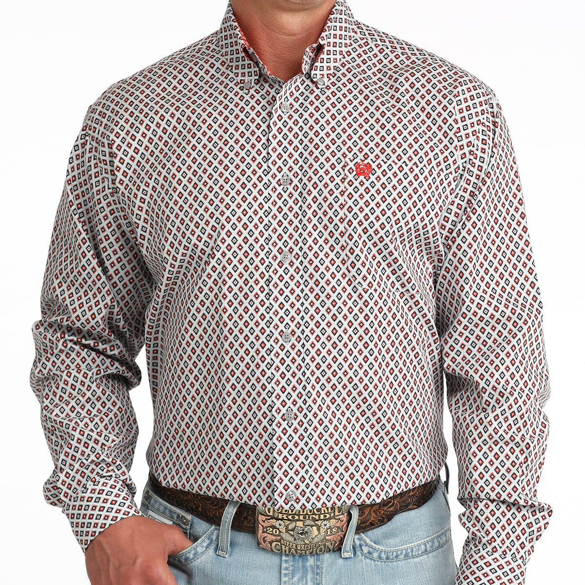 Cinch Men's L/S Classic Fit Button Down Western Shirt in Light Grey Geo Print