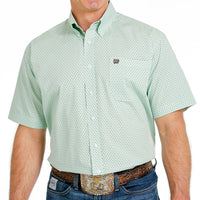Cinch Men's Classic Fit Green and White Short Sleeve Button Down Shirt