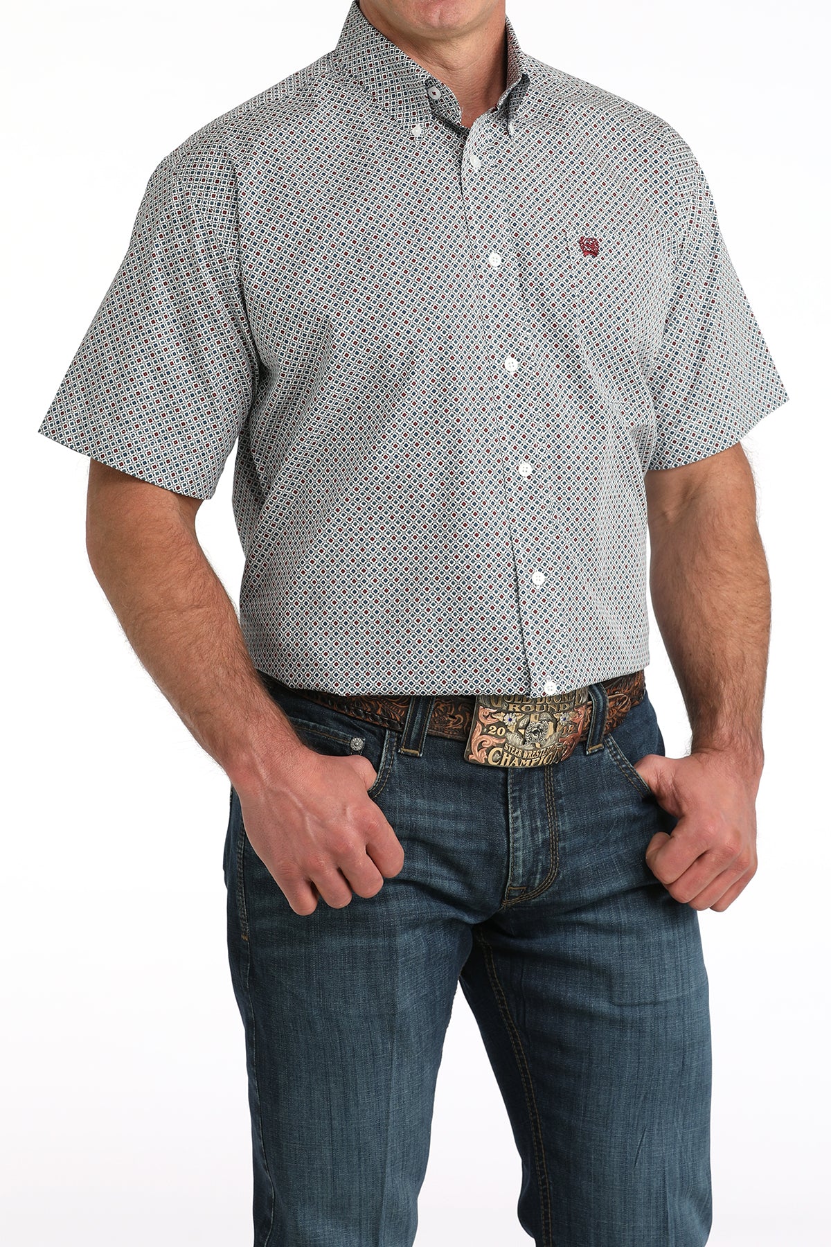 Cinch Men's S/S Geo Print Western Button Down Shirt in White/Red/Blue