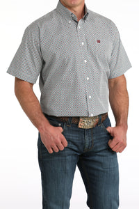 Cinch Men's S/S Geo Print Western Button Down Shirt in White/Red/Blue