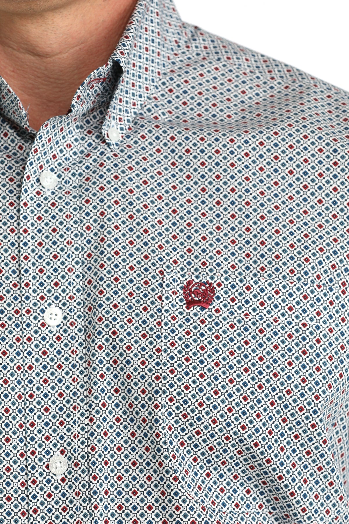 Cinch Men's S/S Geo Print Western Button Down Shirt in White/Red/Blue