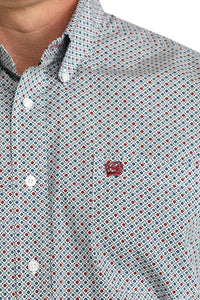 Cinch Men's S/S Geo Print Western Button Down Shirt in White/Red/Blue