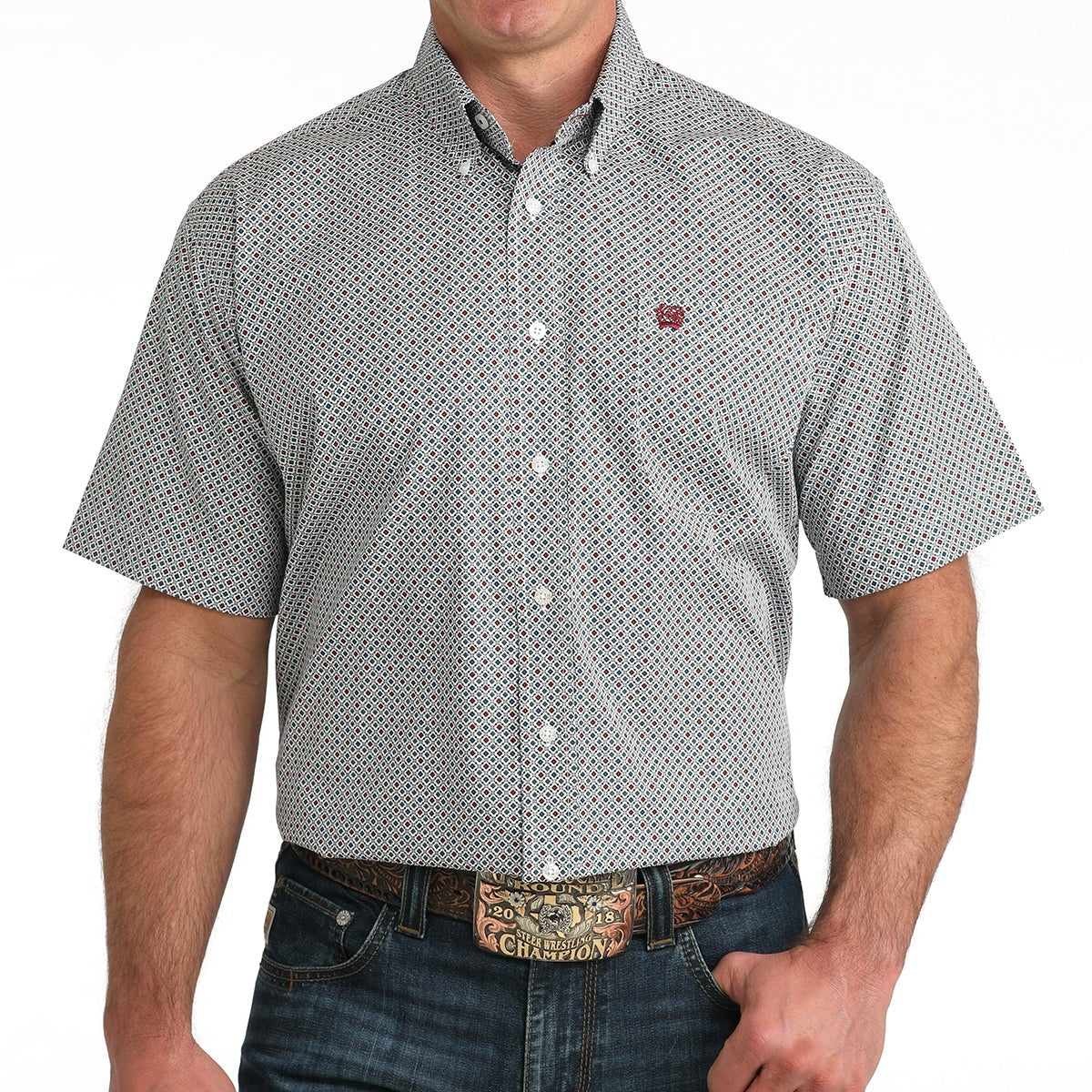 Cinch Men's S/S Geo Print Western Button Down Shirt in White/Red/Blue