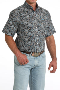 Cinch Men's S/S Paisley Print Western Button Down Shirt in Blue/Black Multi