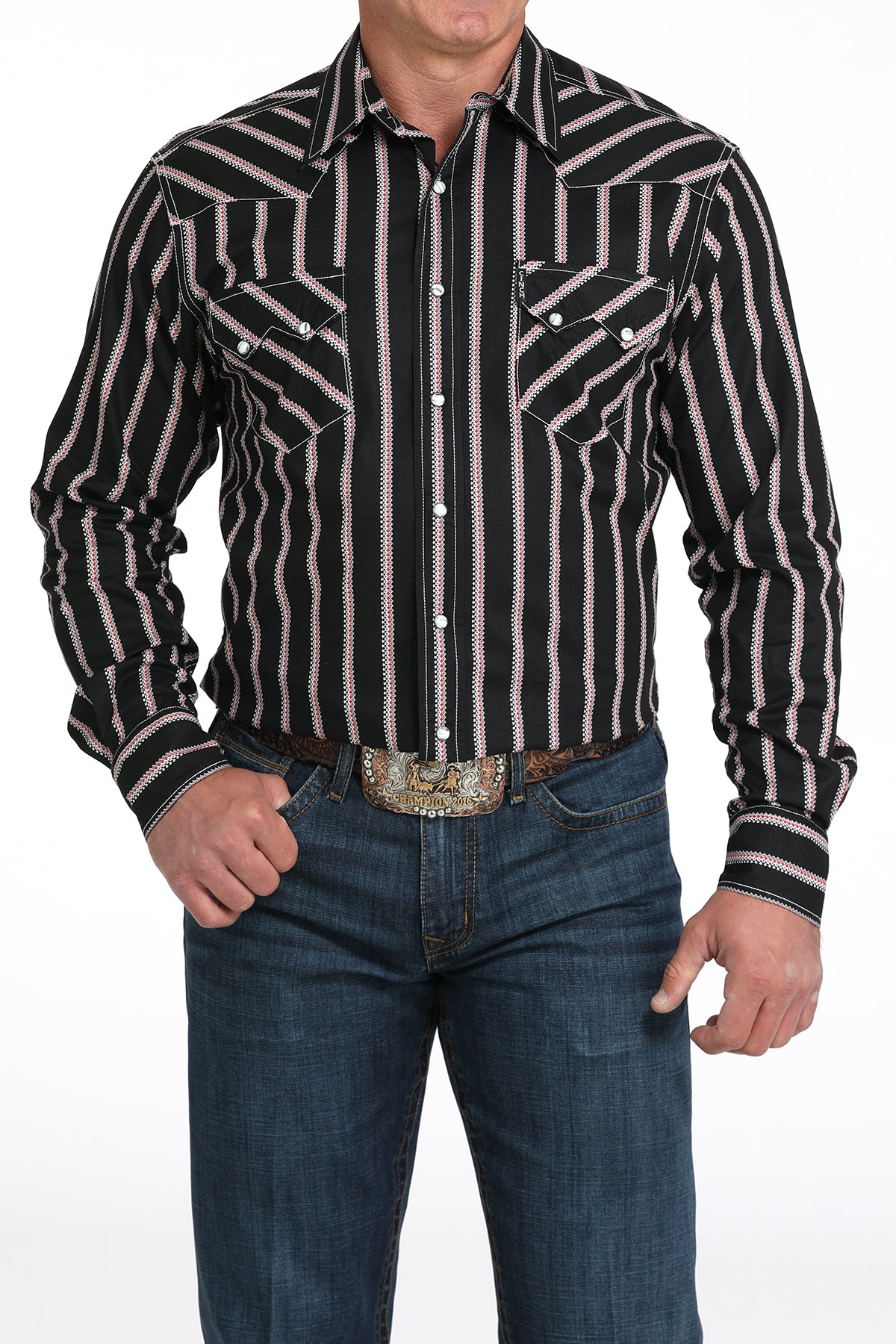 Cinch Men's L/S Modern Fit Stripe Western Snap Shirt in Black