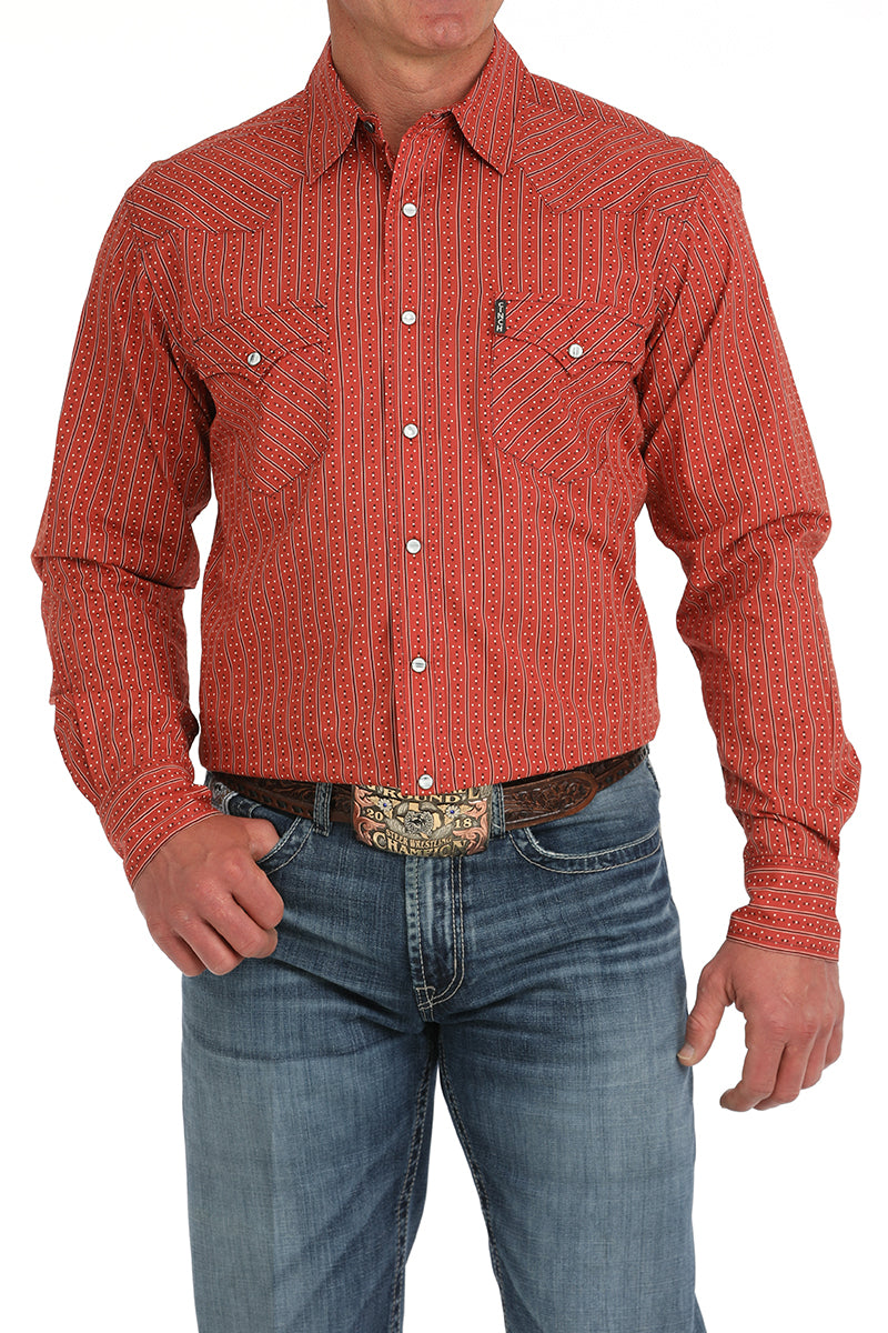 Cinch Men's L/S Modern Fit Geometric Striped Western Snap Shirt in Red