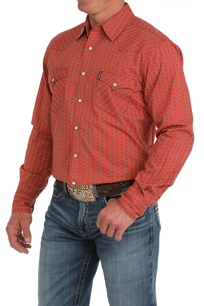 Cinch Men's L/S Modern Fit Geometric Striped Western Snap Shirt in Red