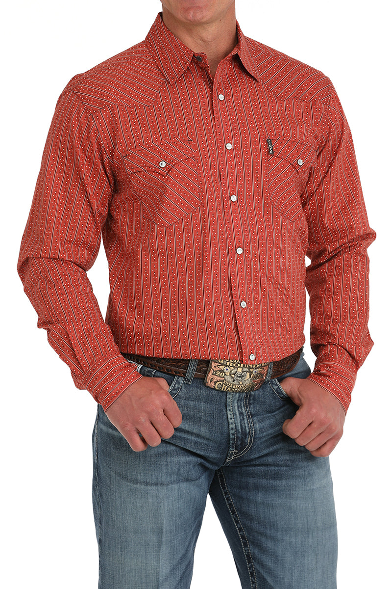 Cinch Men's L/S Modern Fit Geometric Striped Western Snap Shirt in Red