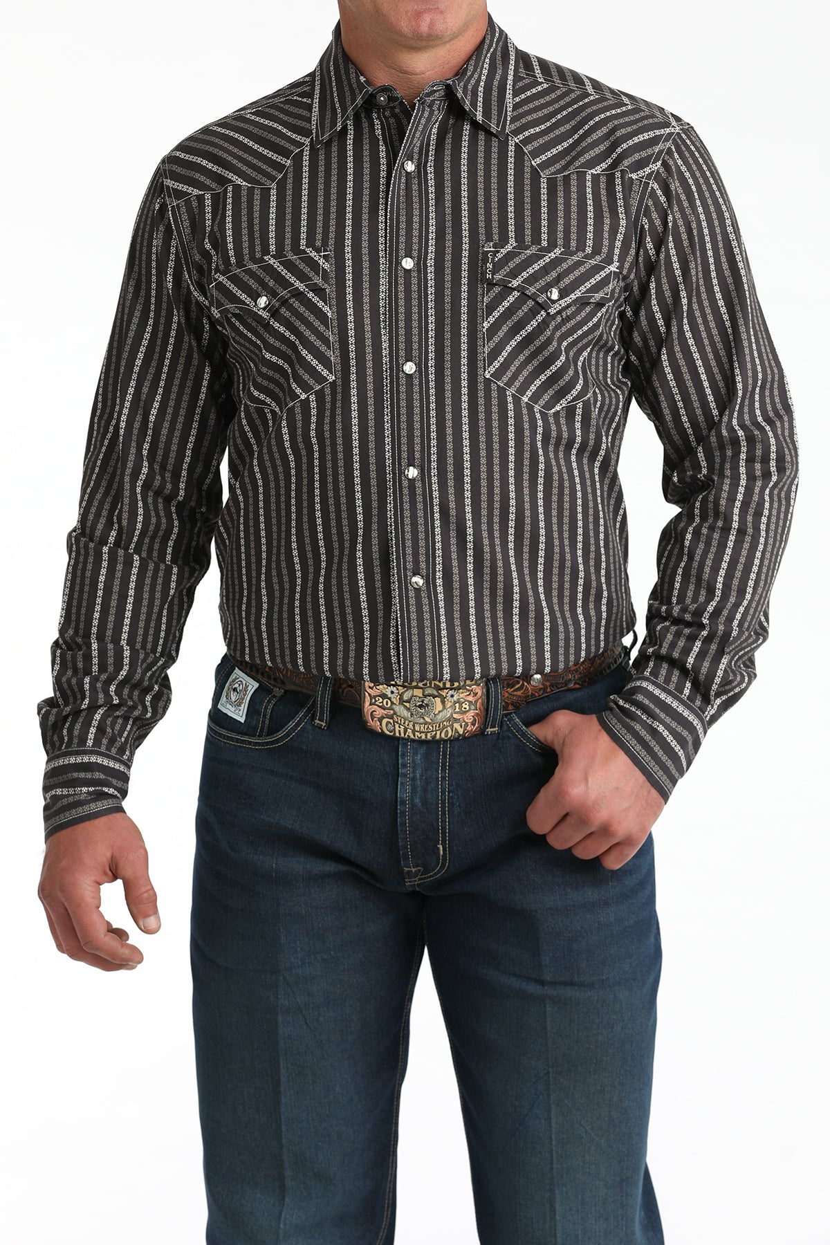 Cinch Men's L/S Modern Fit Geometric Stripe Western Snap Shirt in Brown
