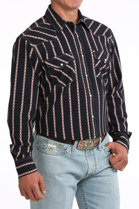 Cinch Men's L/S Modern Fit Geo Stripe Western Snap Shirt in Navy