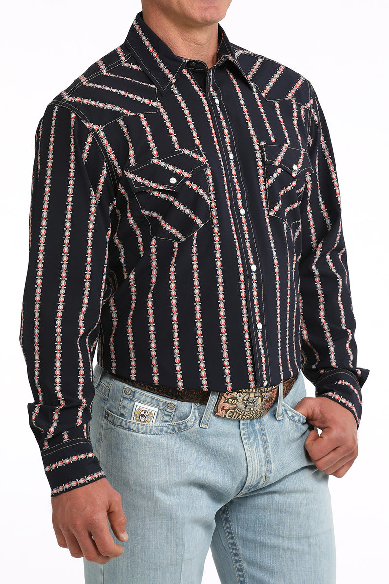 Cinch Men's L/S Modern Fit Geo Stripe Western Snap Shirt in Navy