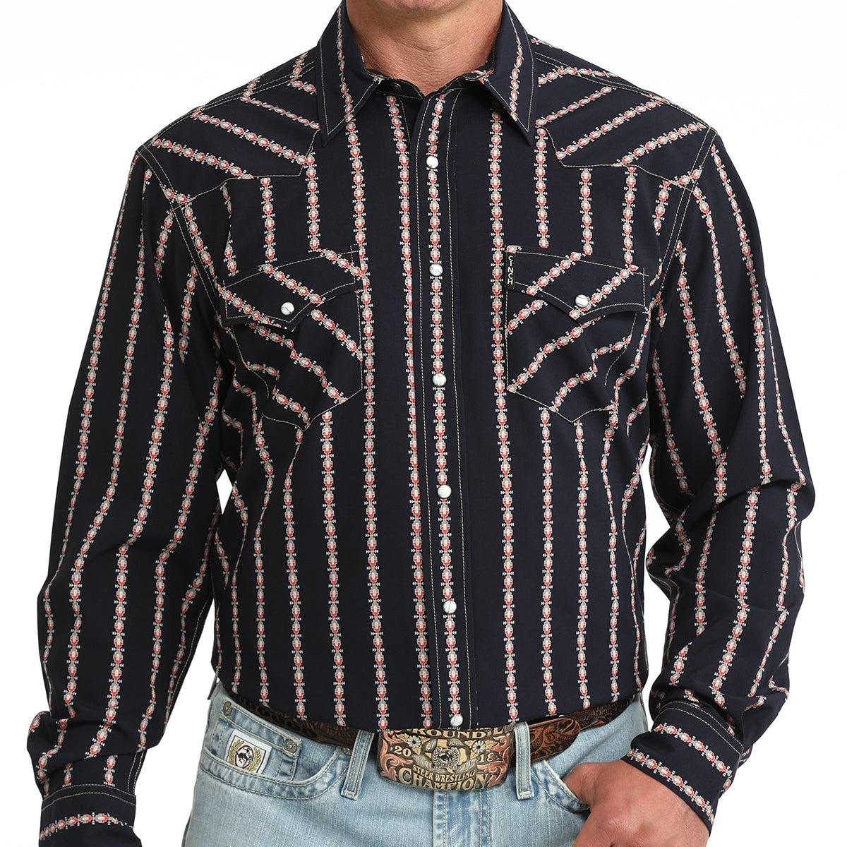 Cinch Men's L/S Modern Fit Geo Stripe Western Snap Shirt in Navy