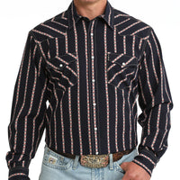 Cinch Men's L/S Modern Fit Geo Stripe Western Snap Shirt in Navy