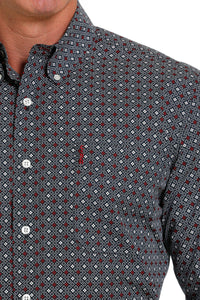Cinch Men's L/S Modern Fit Navy & Red Geometric Western Button Down Shirt