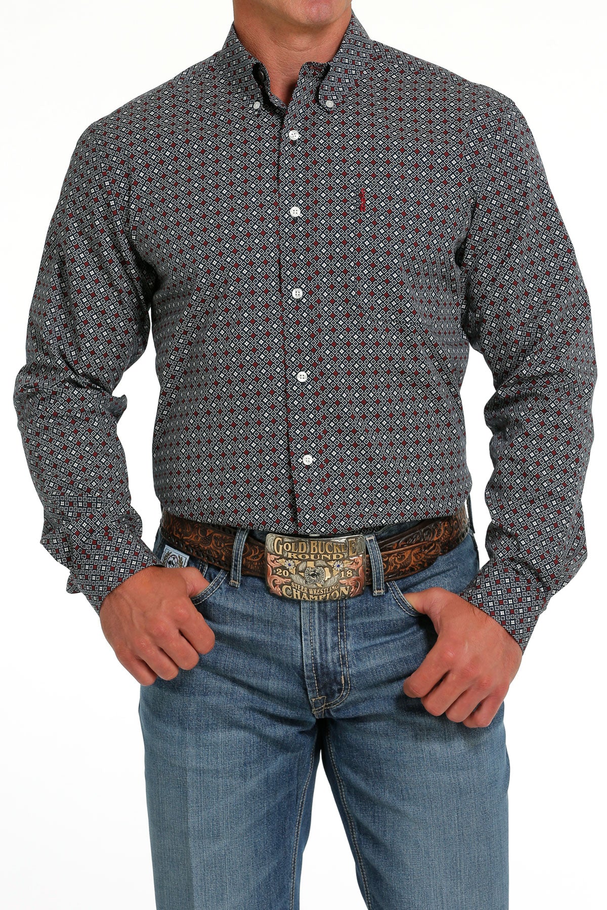 Cinch Men's L/S Modern Fit Navy & Red Geometric Western Button Down Shirt
