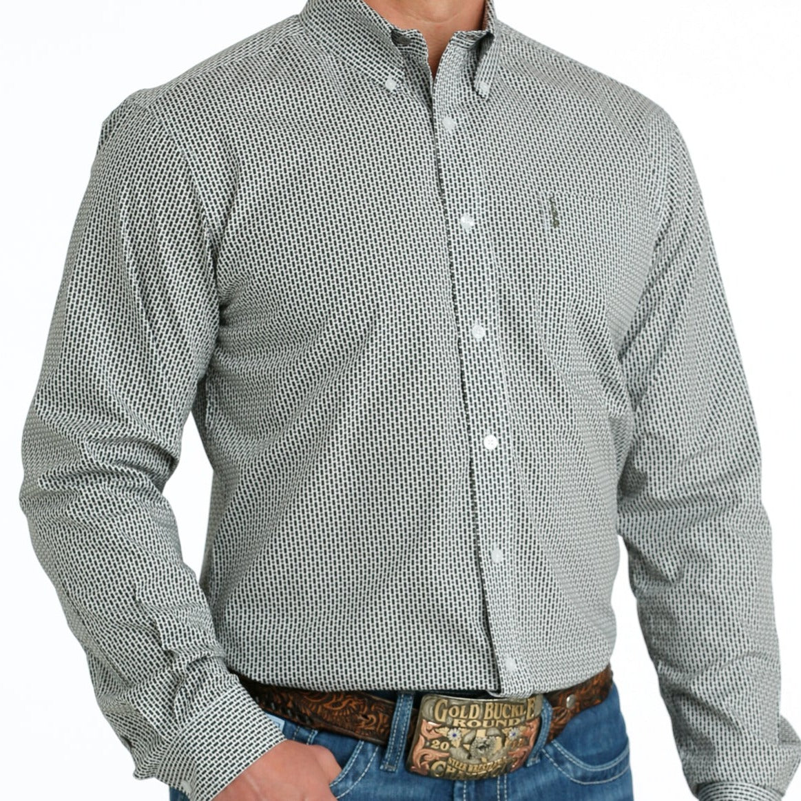 Cinch Men's Modern Fit White with Olive & Black Geometric Western Button Down Shirt