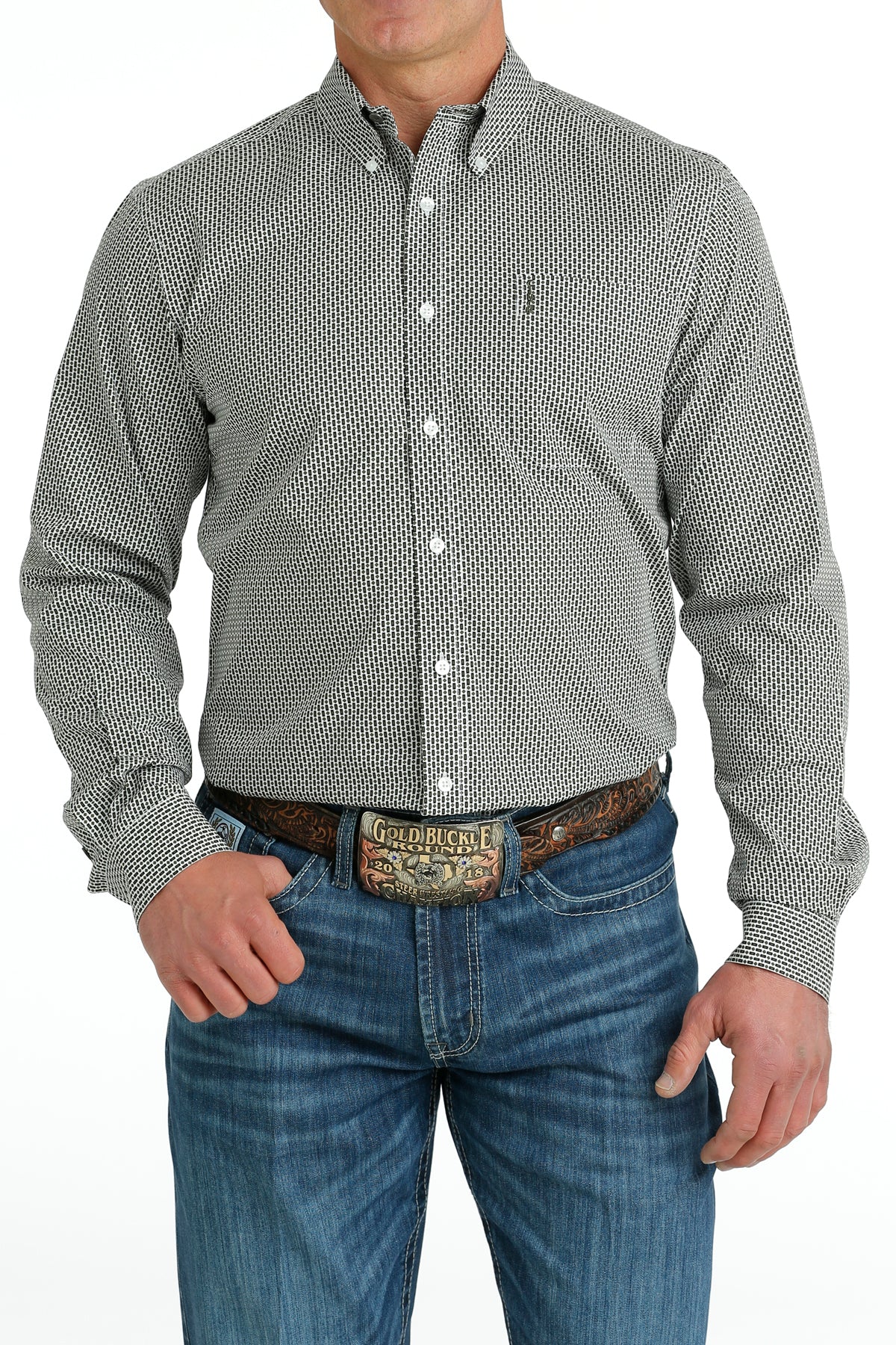 Cinch Men's Modern Fit White with Olive & Black Geometric Western Button Down Shirt