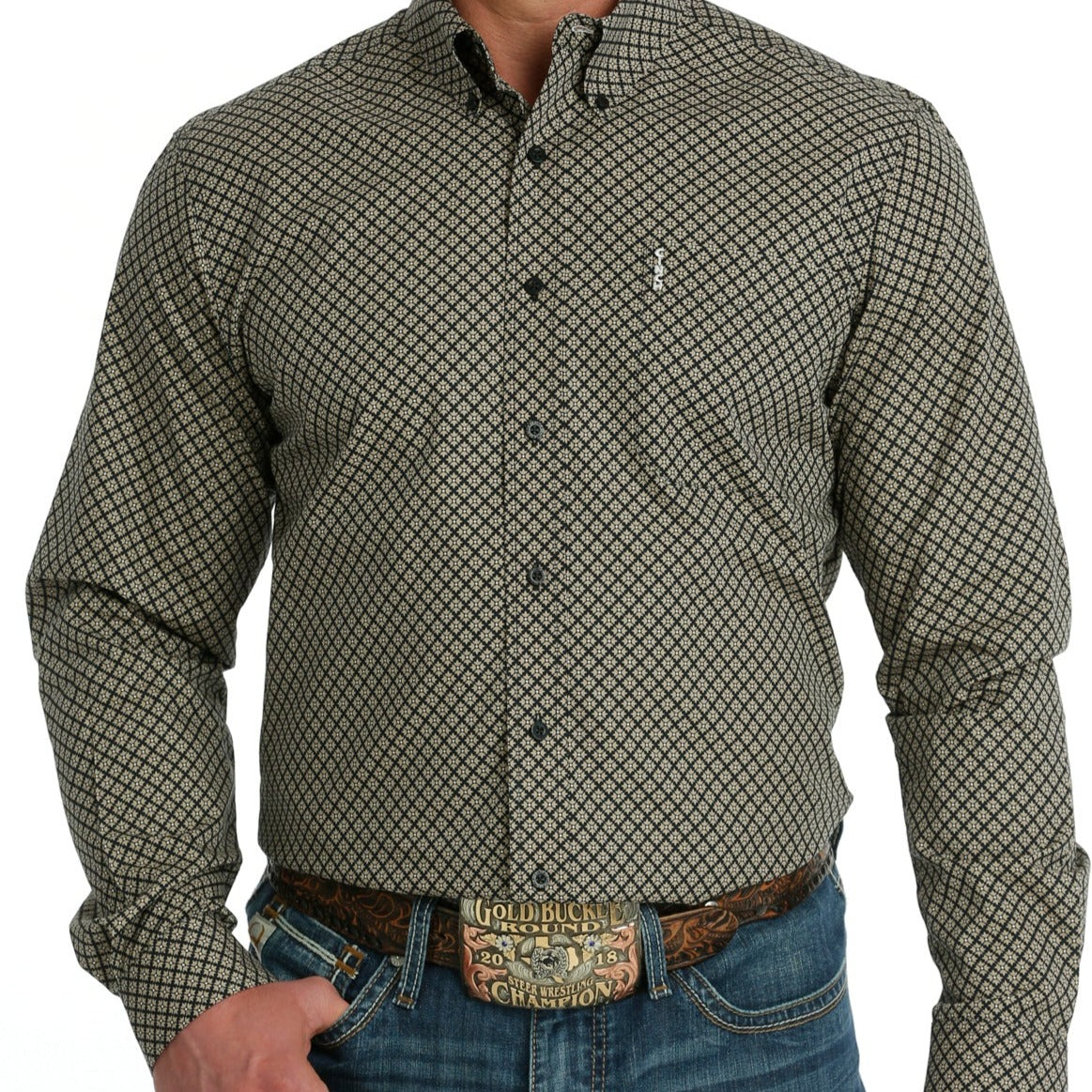 Cinch Men's L/S Modern Fit Black & Khaki Geometric Western Button Down Shirt