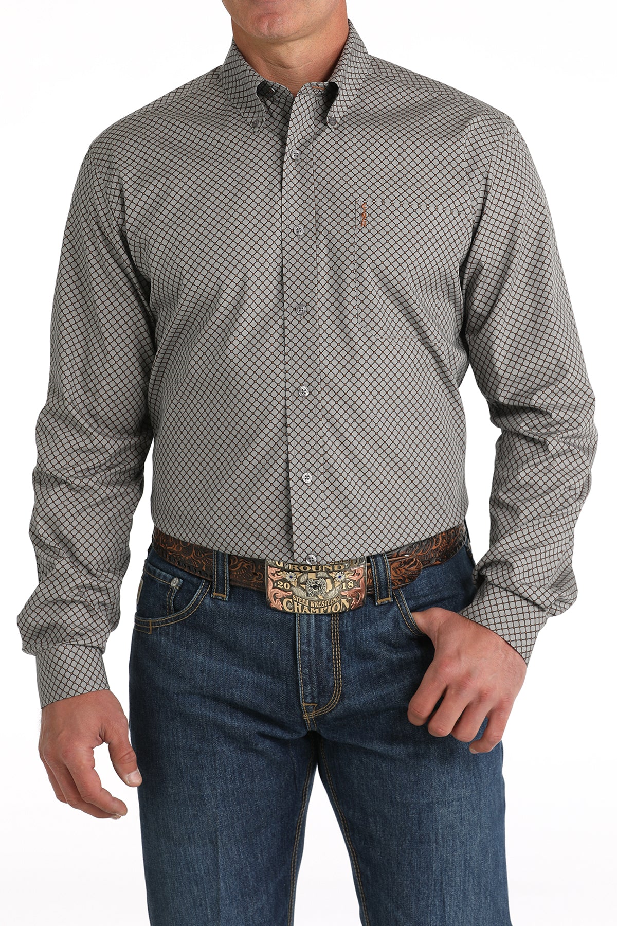 Cinch Men's L/S Modern Fit Geometric Diamond Western Button Down Shirt in Gray