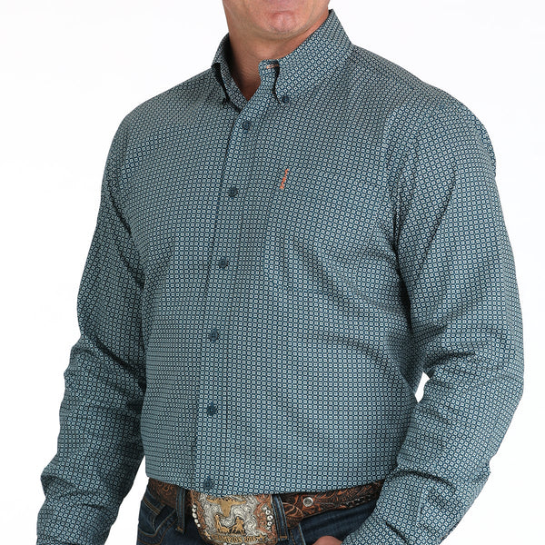 Cinch Men's L/S Modern Fit Teal Square Print Western Button Down Shirt in Teal