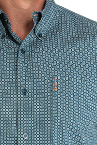 Cinch Men's L/S Modern Fit Teal Square Print Western Button Down Shirt in Teal