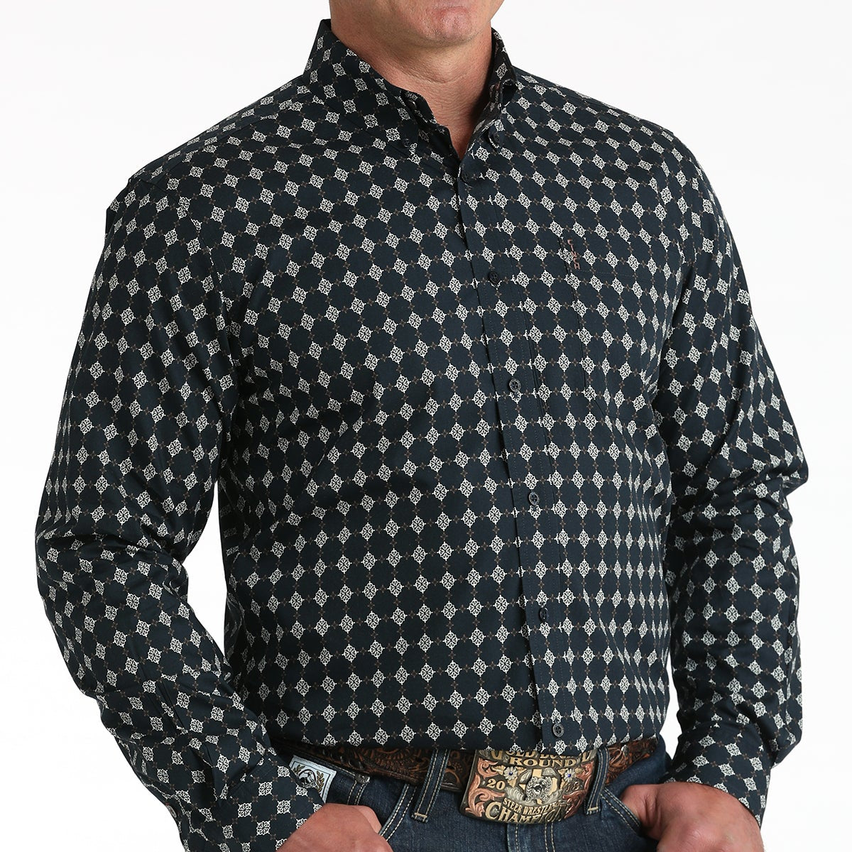 Cinch Men's L/S Modern Fit Medallion Print Western Button Down Shirt in Navy