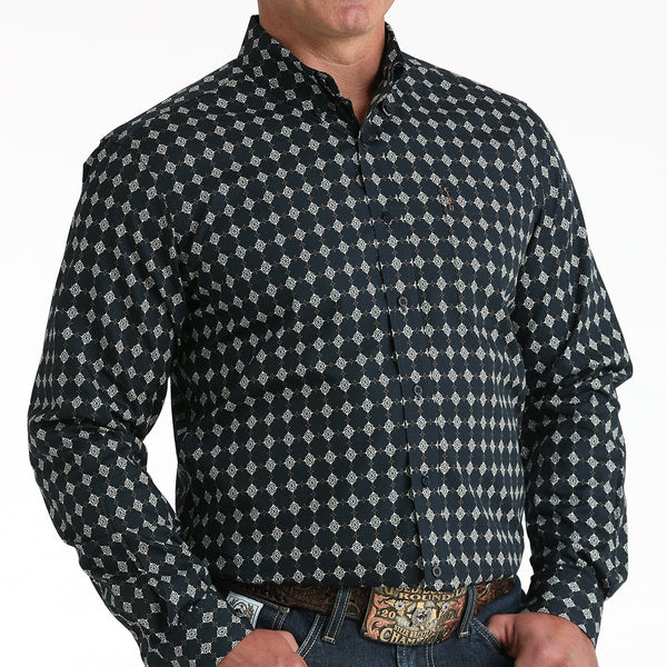 Cinch Men's L/S Modern Fit Medallion Print Western Button Down Shirt in Navy