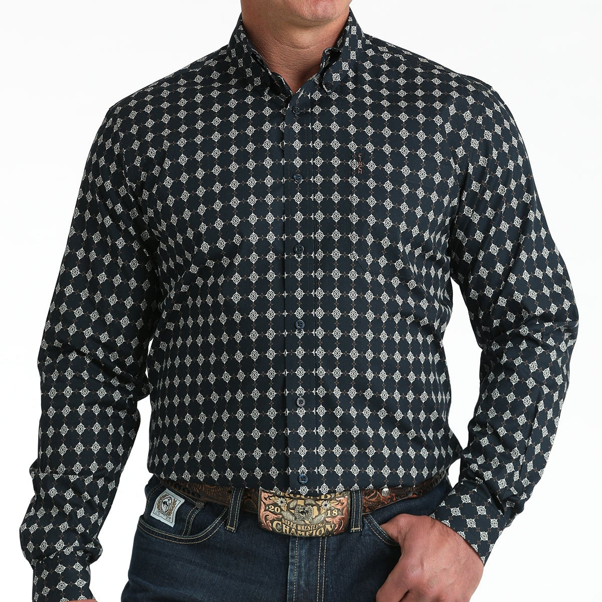 Cinch Men's L/S Modern Fit Medallion Print Western Button Down Shirt in Navy