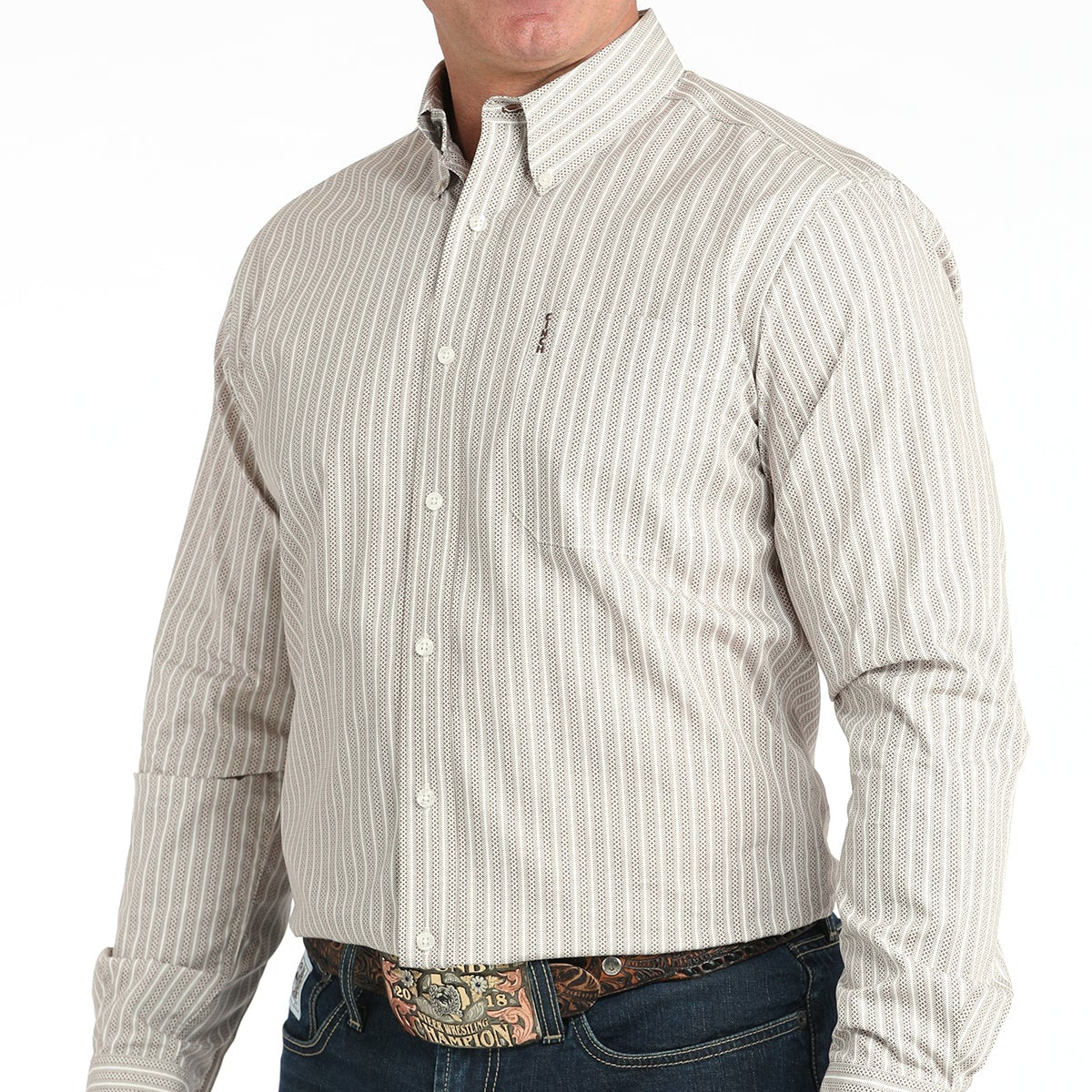 Cinch Men's L/S Modern Fit Striped Western Button Down Shirt in Cream