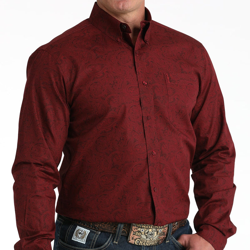Cinch Men's L/S Modern Fit Paisley Western Button Down Shirt in Burgundy
