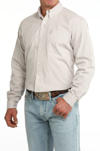 Cinch Men's L/S Modern Fit Stripe Western Button Down Shirt in White/Brown