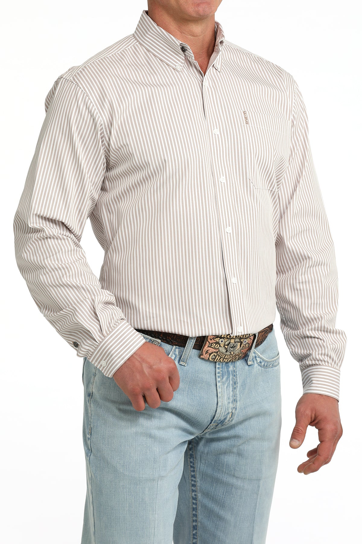 Cinch Men's L/S Modern Fit Stripe Western Button Down Shirt in White/Brown