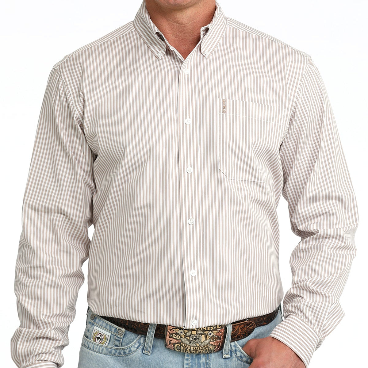 Cinch Men's L/S Modern Fit Stripe Western Button Down Shirt in White/Brown