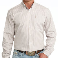 Cinch Men's L/S Modern Fit Stripe Western Button Down Shirt in White/Brown