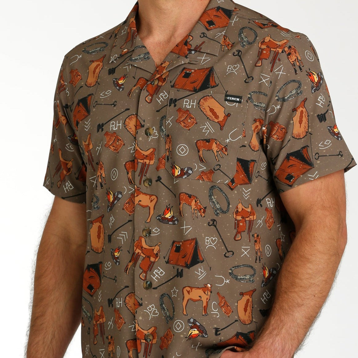 Cinch Men's Ranch Icons Short Sleeve Camp Shirt in Brown