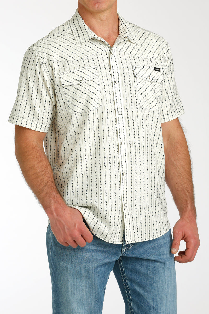 Cinch Men's Floral Stripe Short Sleeve Camp Shirt in Cream
