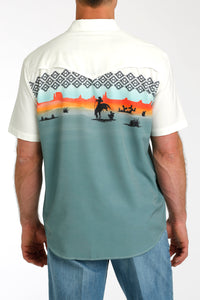 Cinch Men's Southwest Desert Rider Short Sleeve Camp Shirt in Blue & Cream