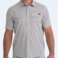 Cinch Men's S/S Camp Shirt in Burgundy Stripe